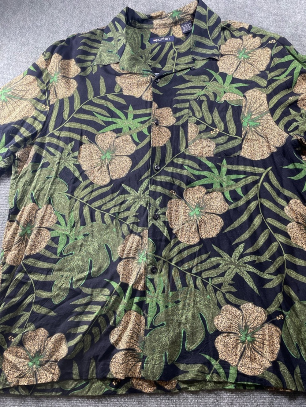 Puritan Black Button-Down Shirt with Green and Tan Floral Print‎
